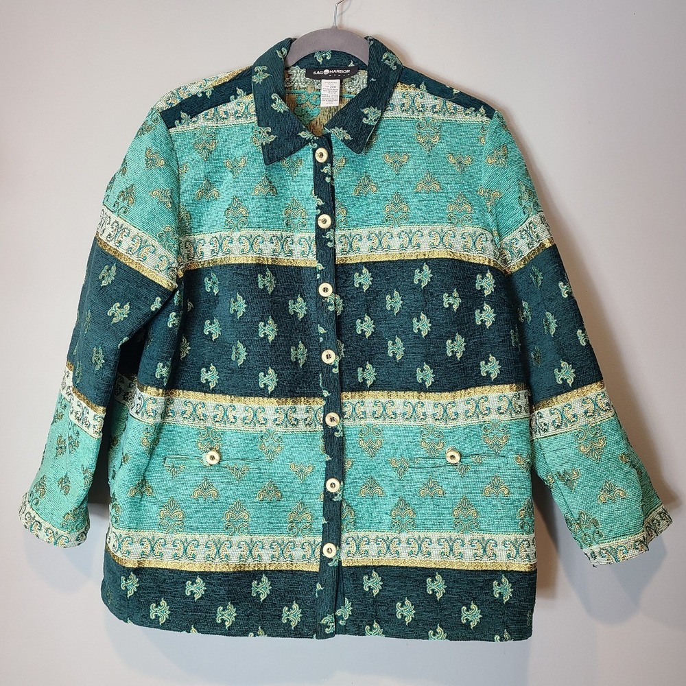 VTG Sag Harbor Tapestry Jacket Cottage Boho Womens Sz‎ 20W Green Gold 90s Travel